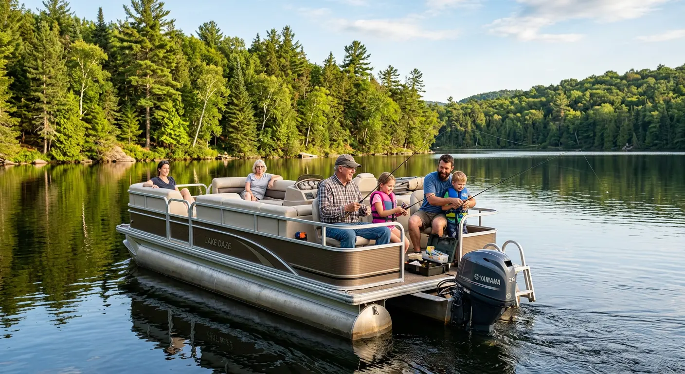 Pontoon boat with a family fishing on a wooded lake