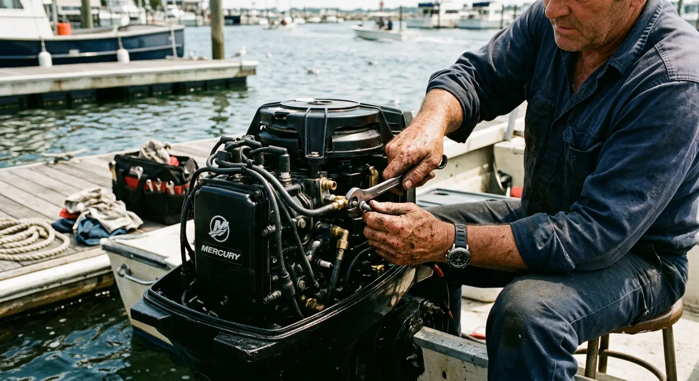 Mechanic servicing an outboard motor at the dock