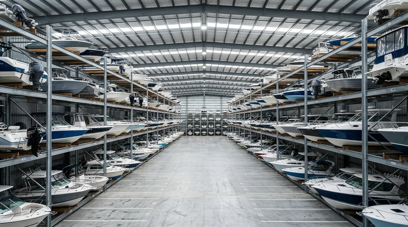 Boats stacked on racks inside a dry-storage warehouse